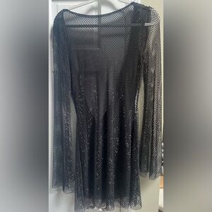 Samira Flare Sleeve Diamante Mesh Mini Dress - Black